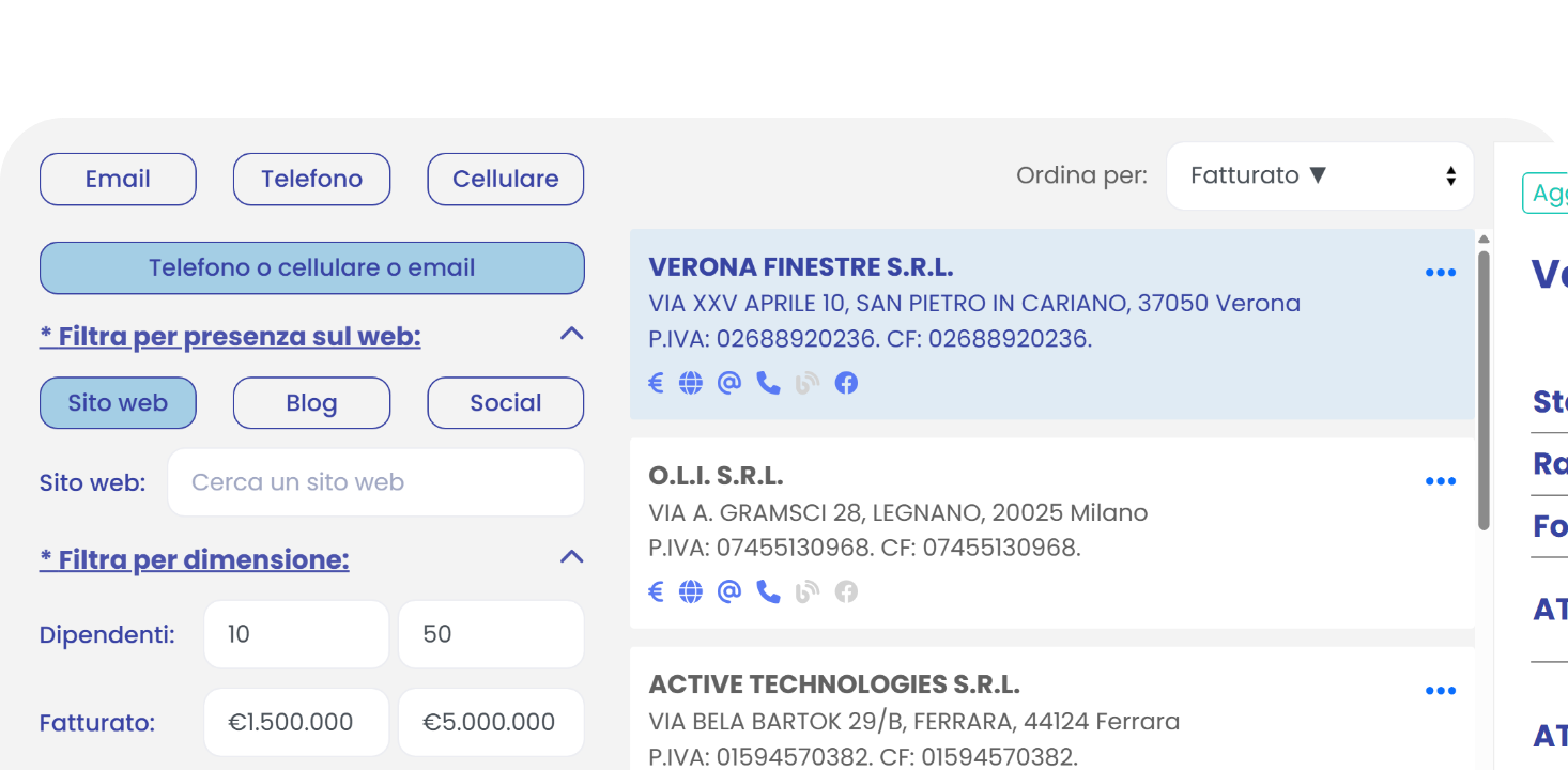 Ricerca contatti B2B, email, telefono, social e siti web